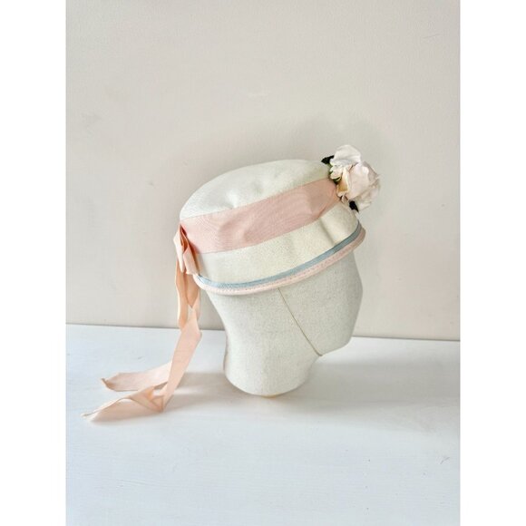 Vintage Ivory Straw Weave Pale Pink Grosgrain Ribbon Faux Flower Cloche Hat - Picture 4 of 16